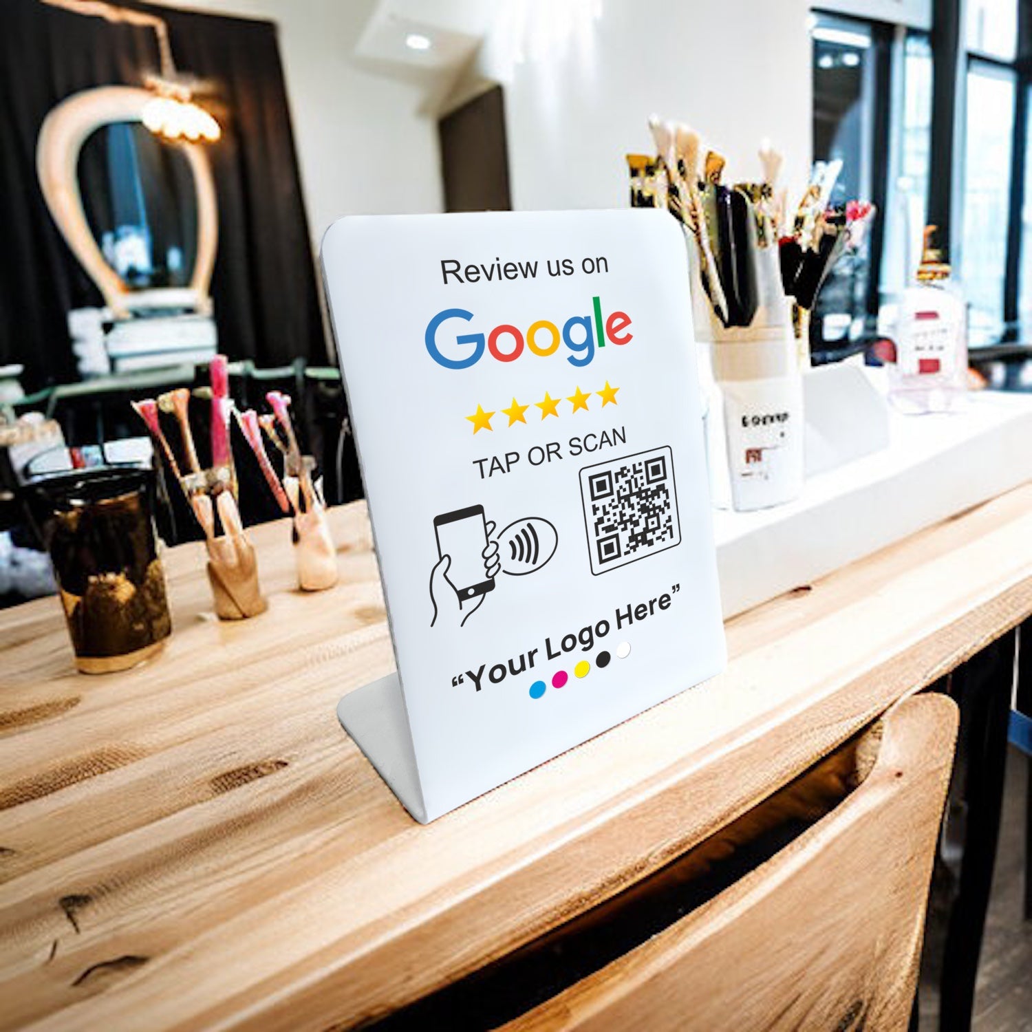 Smart-Tap, Google Review Table Talker L-Shape White με το λογότυπό σας. Μικρό με έγχρωμη εκτύπωση