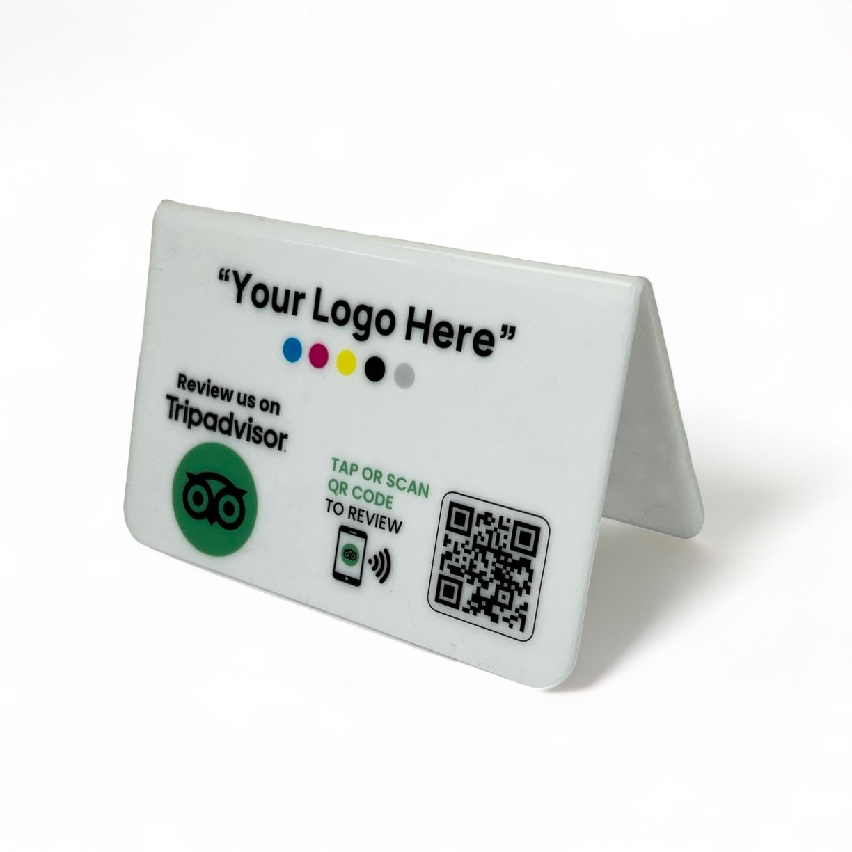 Smart-Tap, Tripadvisor Review Table Talker με NFC/QR Code, V-Shape με το λογότυπό σας. Άσπρο