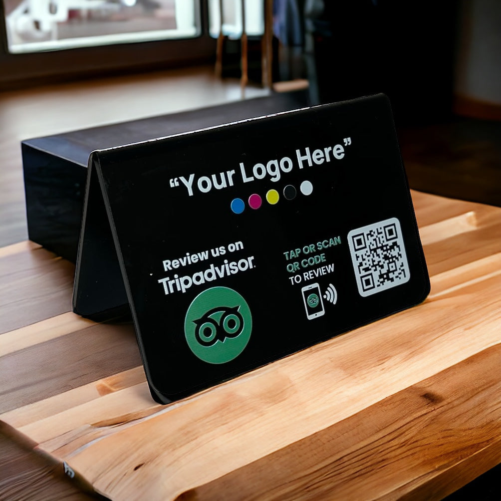 Smart-Tap, Tripadvisor Review Table Talker με NFC/QR Code, V-Shape με το λογότυπό σας. Μαύρο