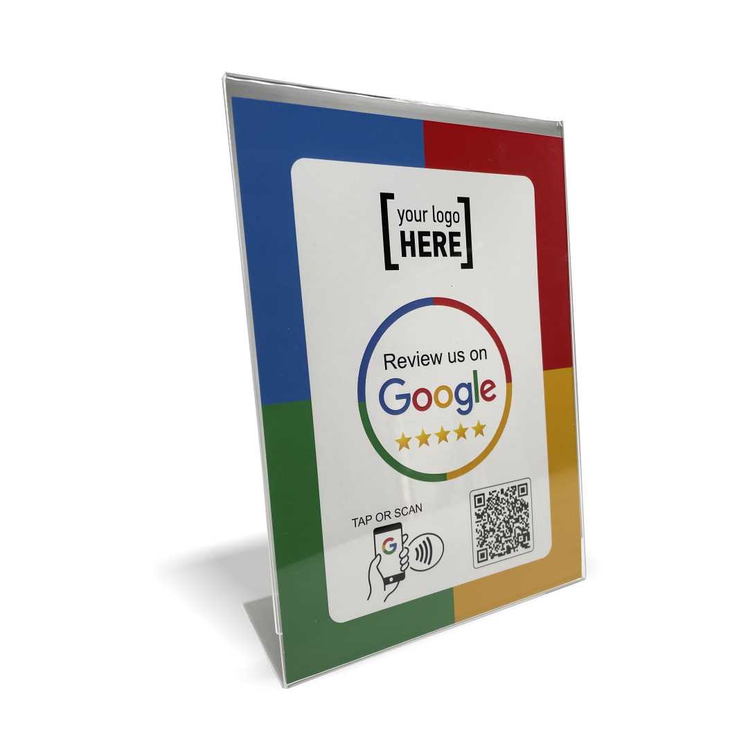 Smart-Tap, Google Review Table Talker με NFC/QR Code, L-Shape σε θήκη plexiglass A5 με το λογότυπο σας.