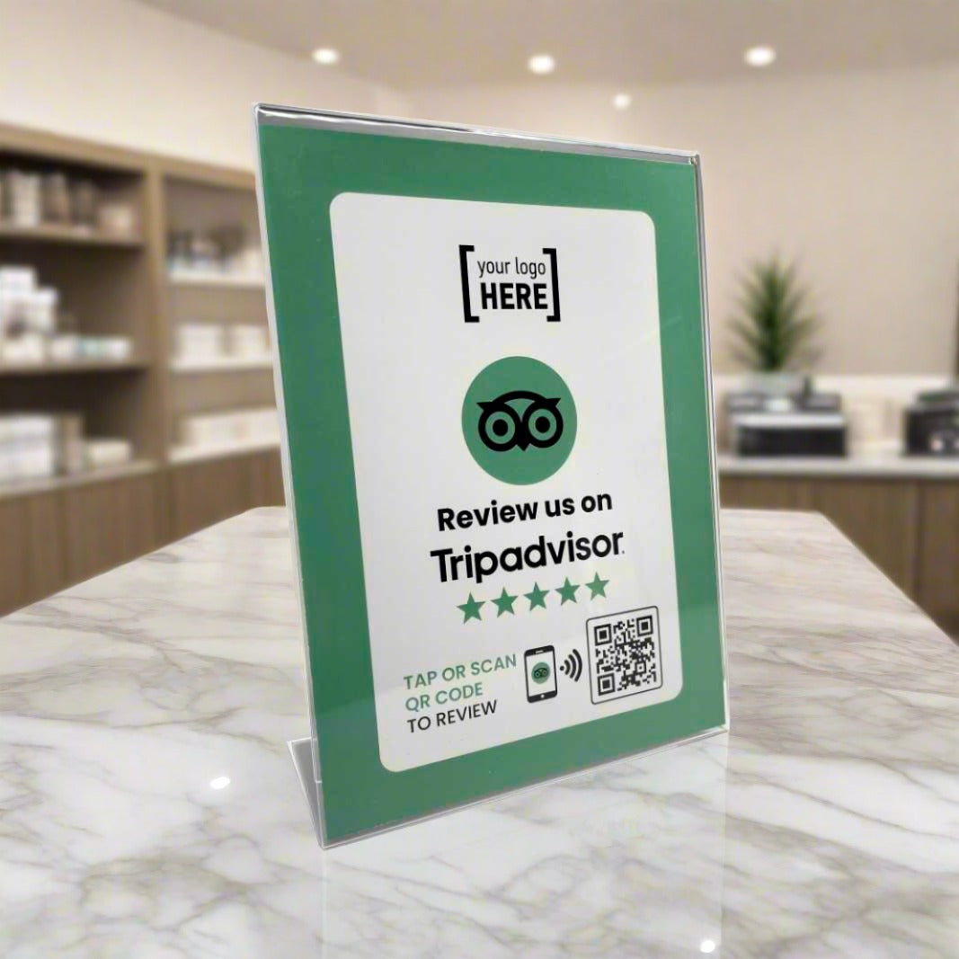 Smart-Tap, Tripadvisor Review Table Talker με NFC/QR Code, L-Shape σε θήκη plexiglass A5 με το λογότυπο σας.