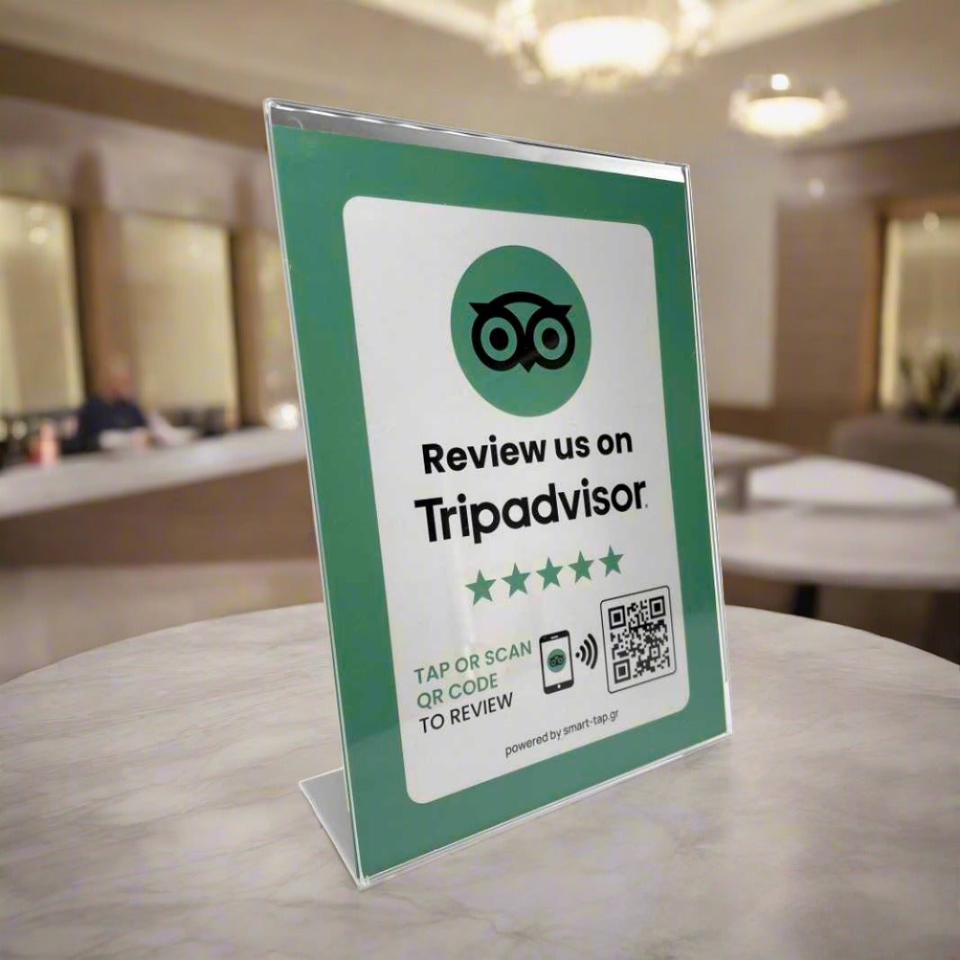 Smart-Tap, Tripadvisor Review Table Talker με NFC/QR Code, L-Shape σε θήκη plexiglass A5 χωρίς το λογότυπο σας.