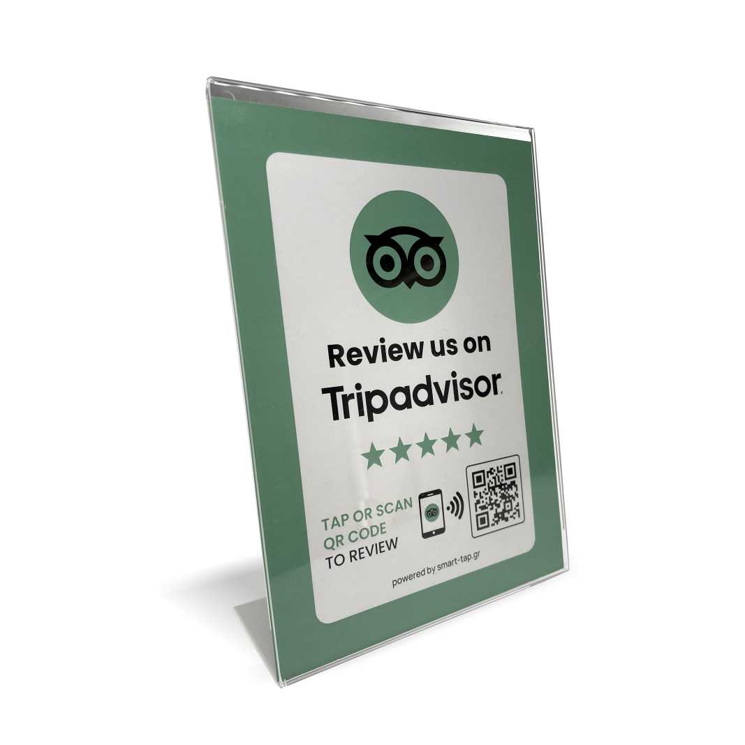 Smart-Tap, Tripadvisor Review Table Talker με NFC/QR Code, L-Shape σε θήκη plexiglass A5 χωρίς το λογότυπο σας.