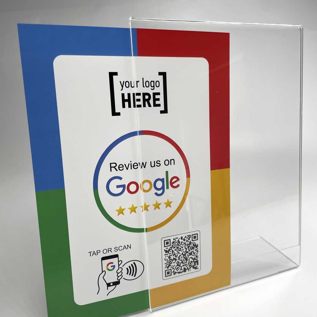 Smart-Tap, Google Review Table Talker με NFC/QR Code, L-Shape σε θήκη plexiglass A5 με το λογότυπο σας.