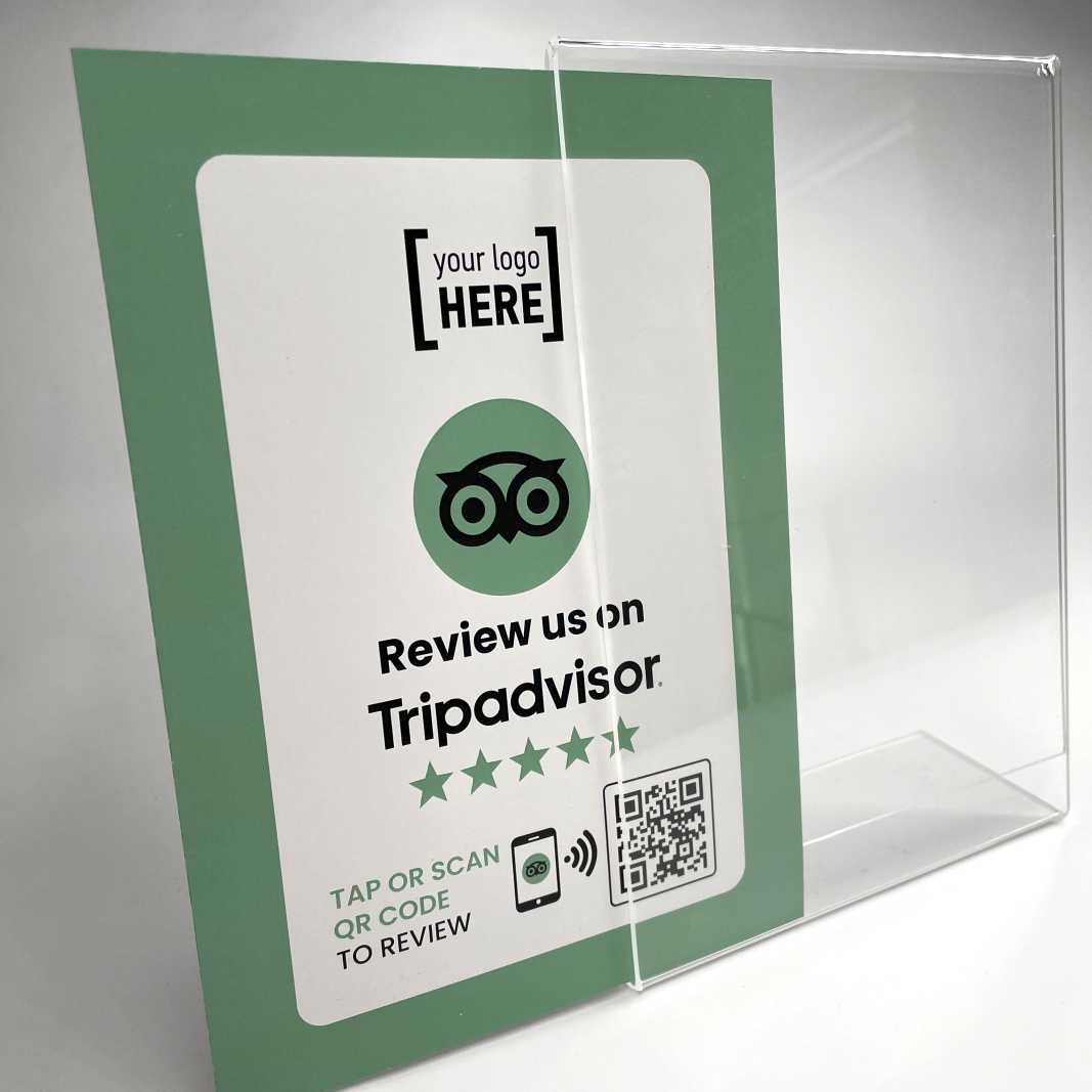 Smart-Tap, Tripadvisor Review Table Talker με NFC/QR Code, L-Shape σε θήκη plexiglass A5 με το λογότυπο σας.