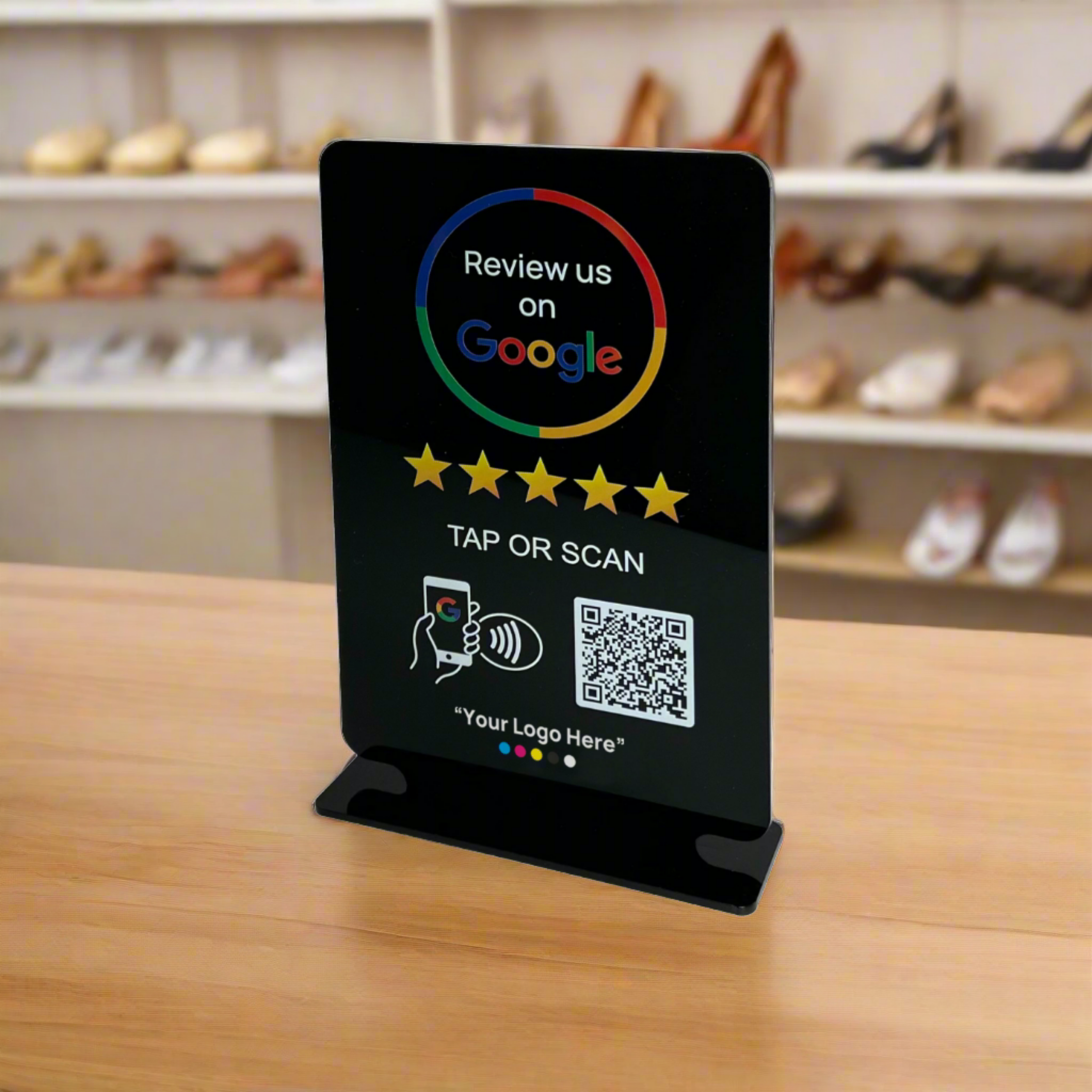 Smart-Tap, Google Review Table Talker με NFC/QR Code, T-Shape με το λογότυπο σας. Μαύρο μεγάλο