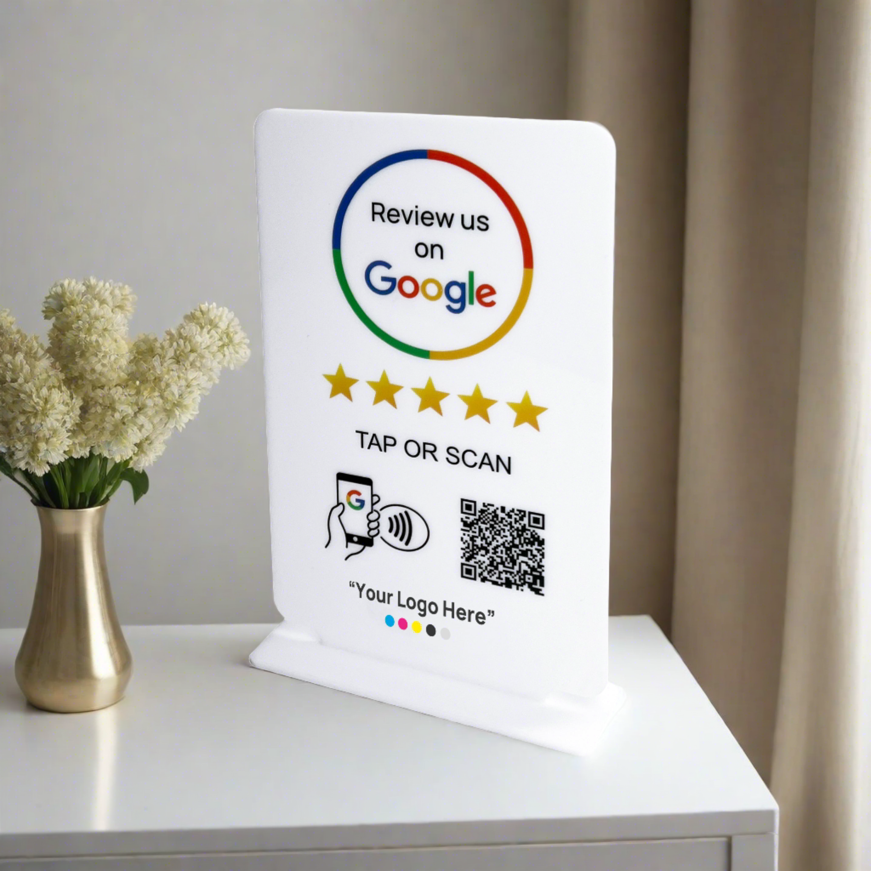 Smart-Tap, Google Review Table Talker T-Shape με το λογότυπο σας. Άσπρο μεγάλο.
