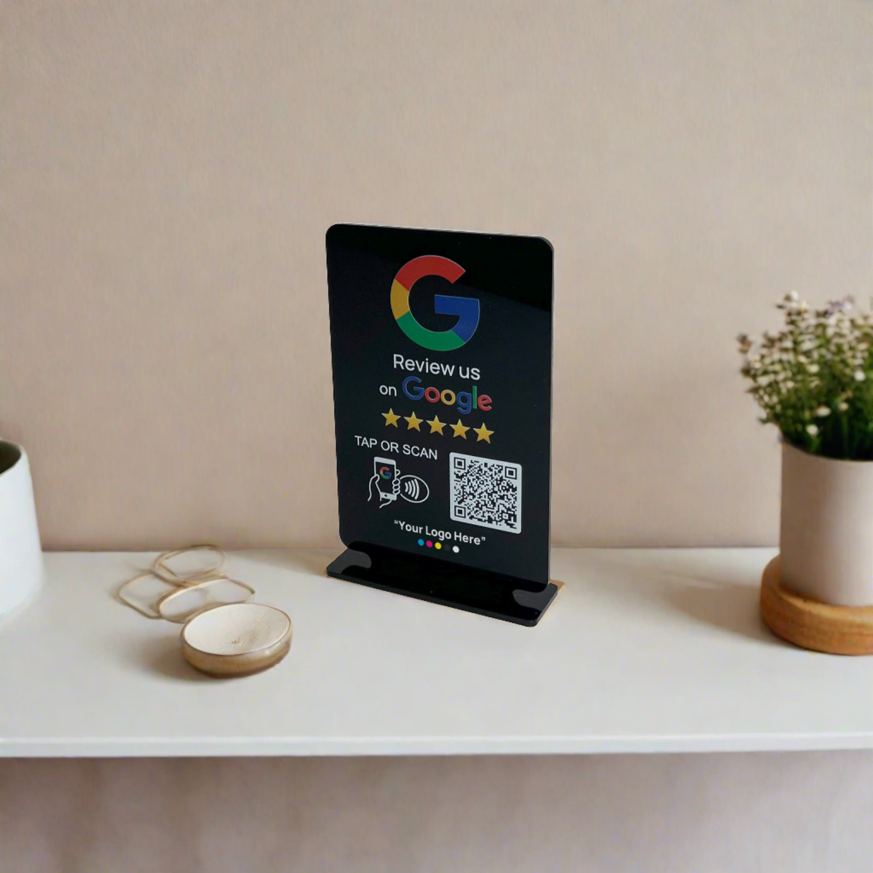 Smart-Tap, Google Review Table Talker T-Shape με το λογότυπο σας. Μαύρο μικρό
