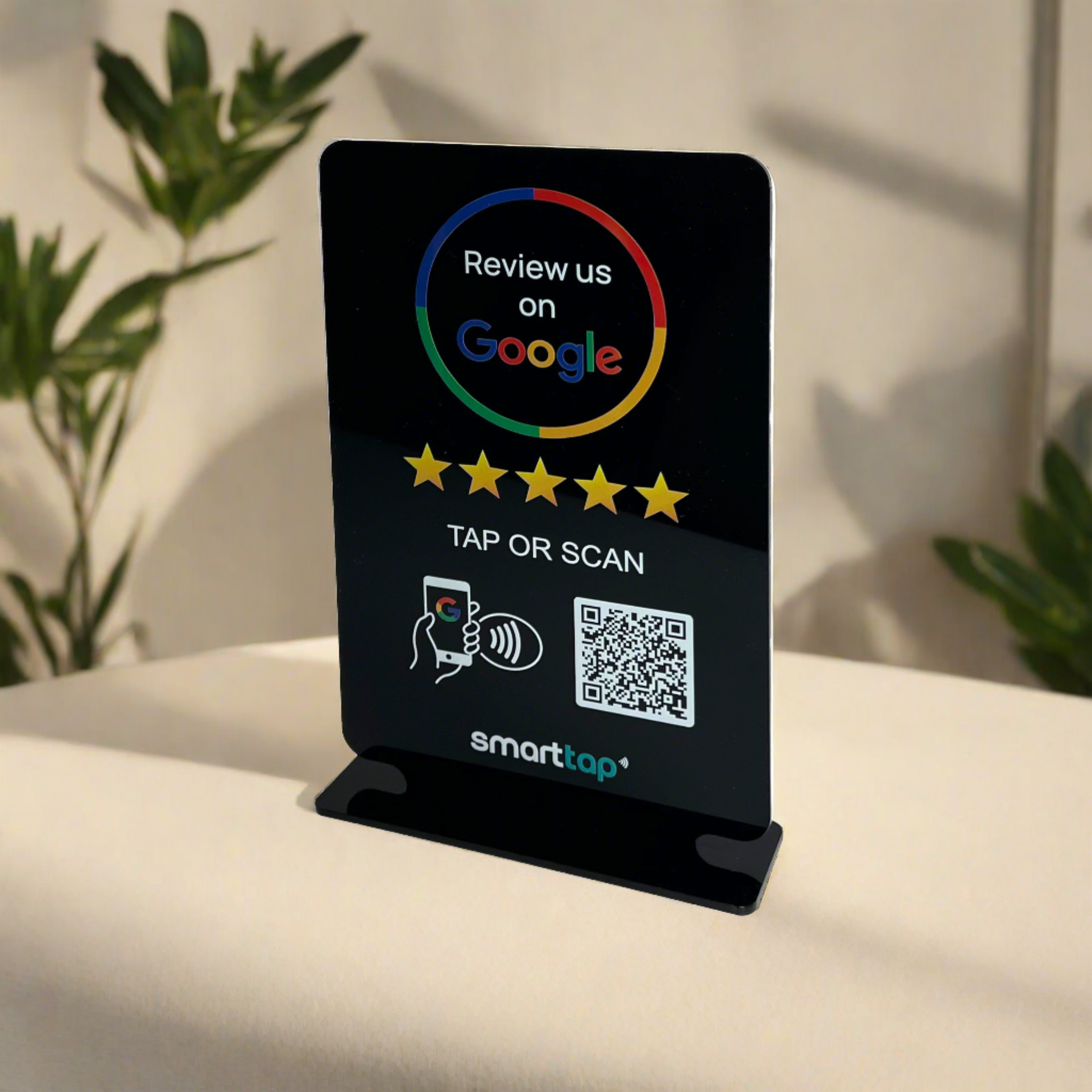 Smart-Tap, Google Review Table Talker με NFC/QR Code, T-Shape χωρίς το λογότυπο σας. Μεγάλο μαύρο
