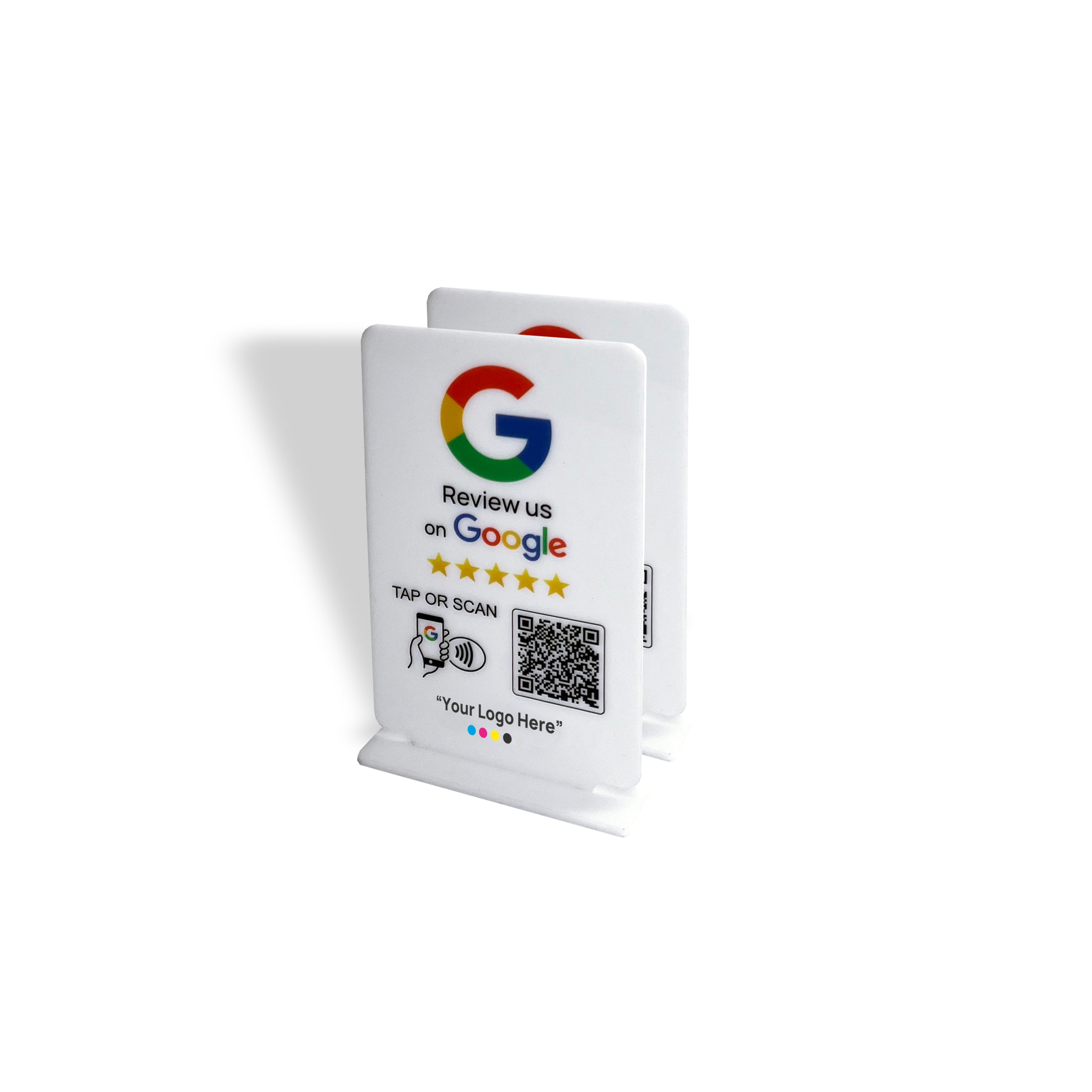 Smart-Tap, Google Review Table Talker T-Shape με το λογότυπο σας. Άσπρο μικρό. Σετ των 2