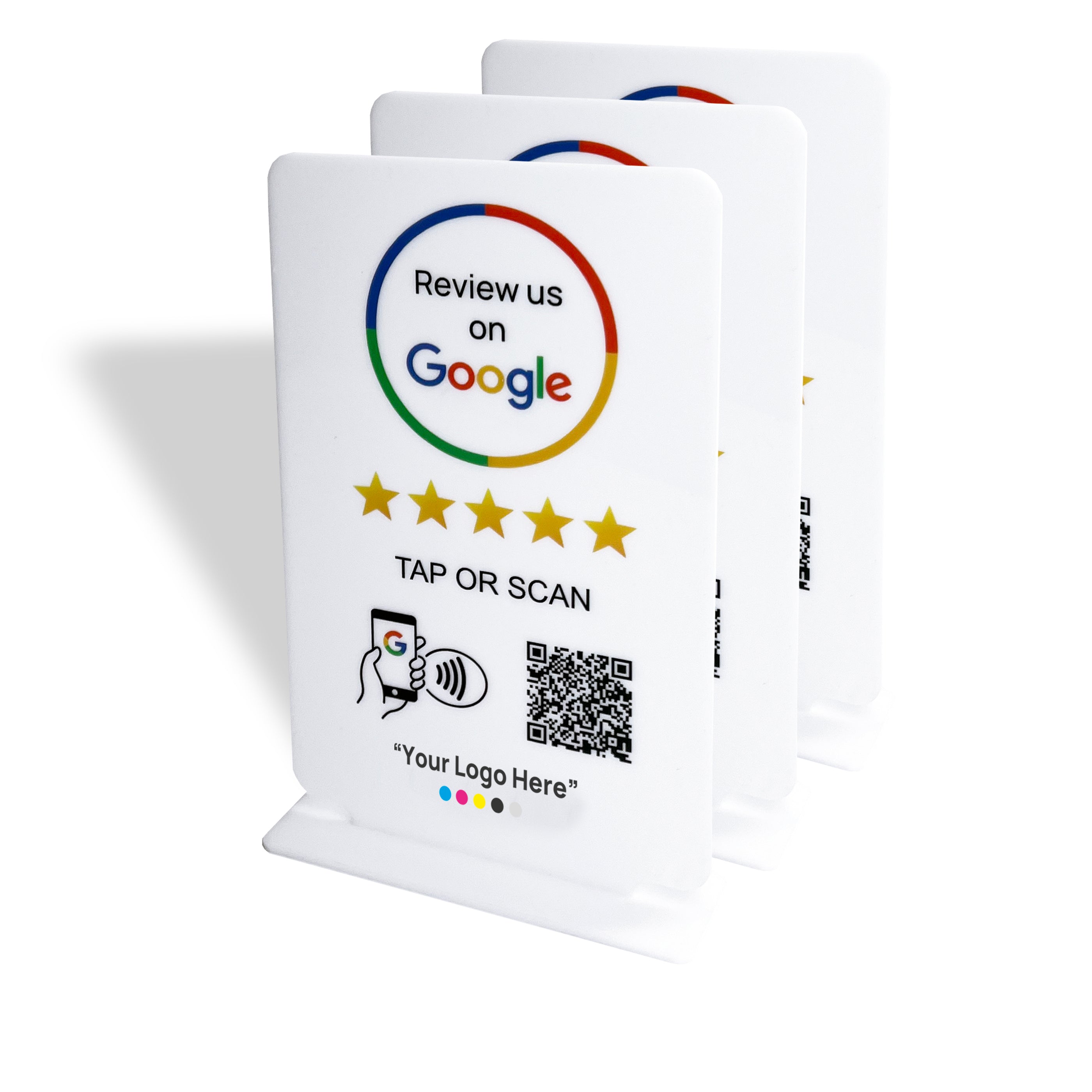 Smart-Tap, Google Review Table Talker T-Shape με το λογότυπο σας. Άσπρο μεγάλο. Σετ των 3