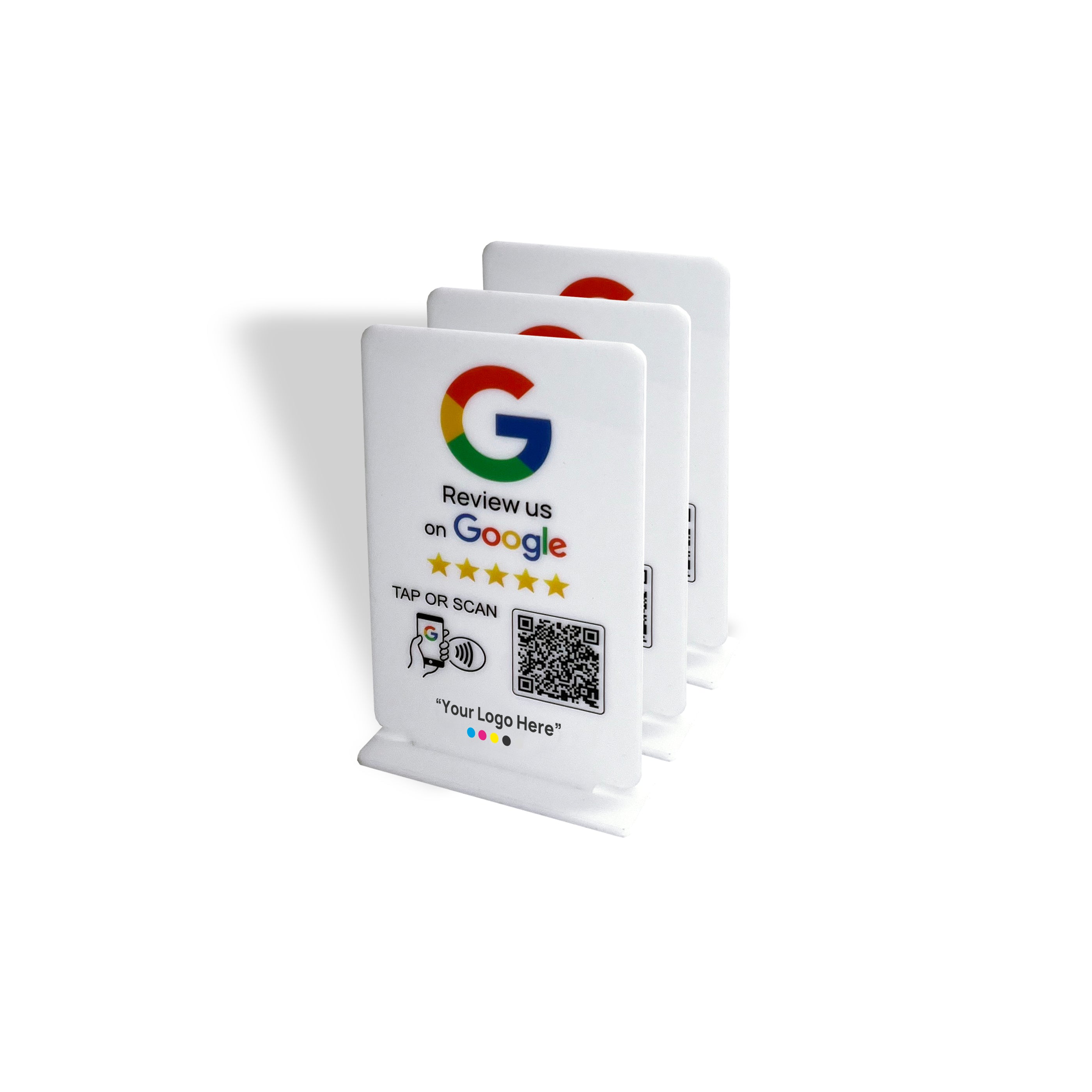 Smart-Tap, Google Review Table Talker T-Shape με το λογότυπο σας. Άσπρο μικρό. Σετ των 3