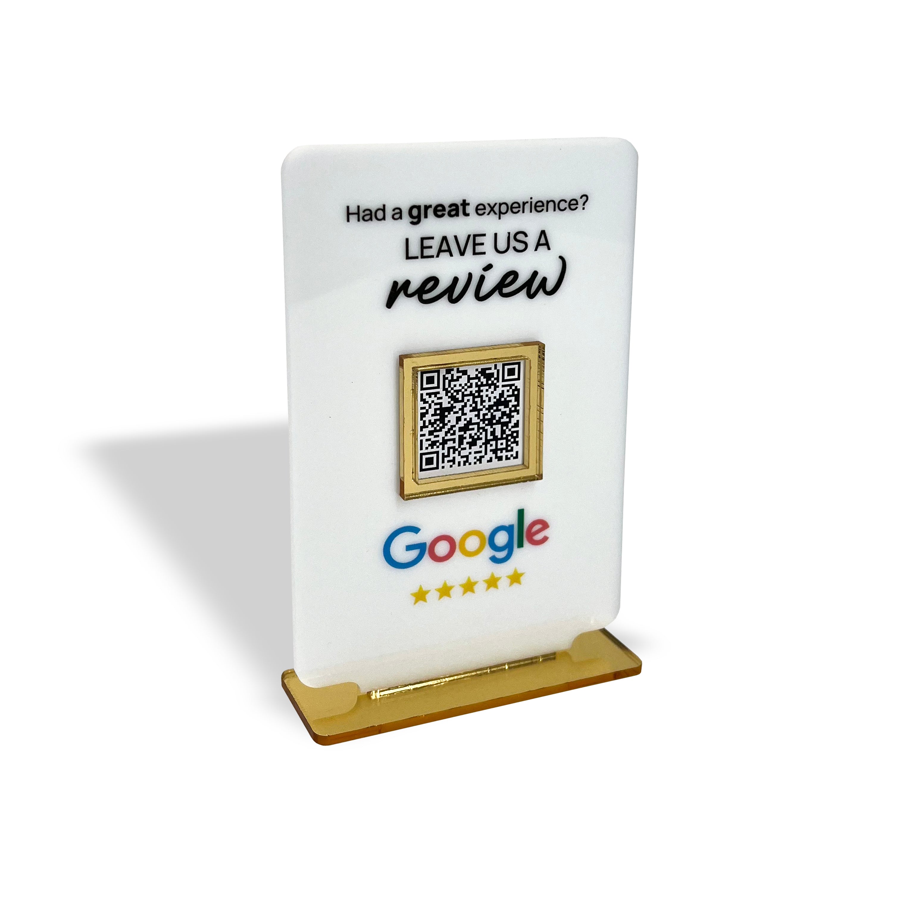 Smart-Tap, Google Review Table Talker T-Shape Small χωρίς το λογότυπο σας. Άσπρο με χρυσά διακοσμητικά