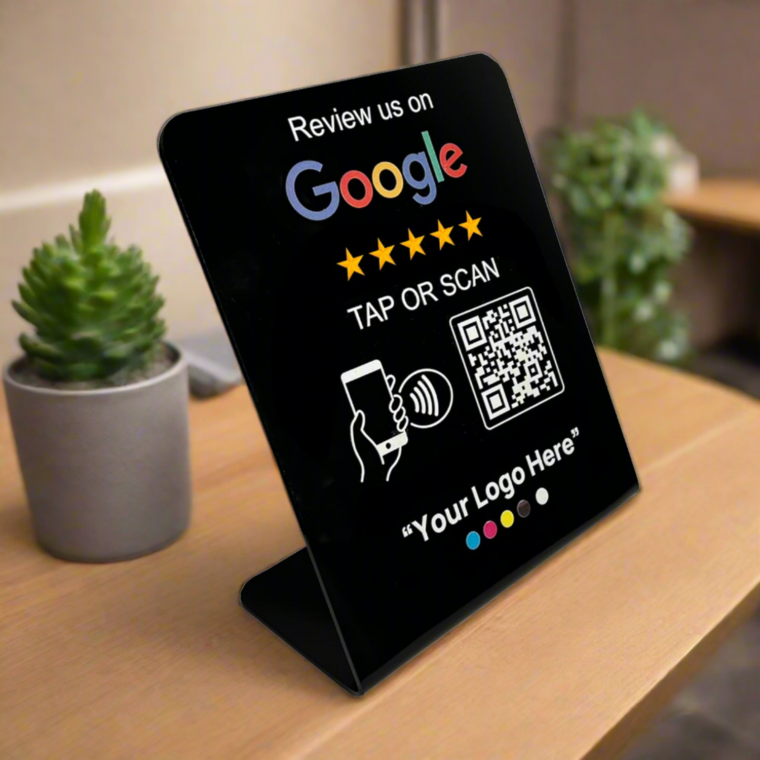 Smart-Tap, Google Review Table Talker L-Shape Black με το λογότυπό σας. Μεγάλο με έγχρωμη εκτύπωση 