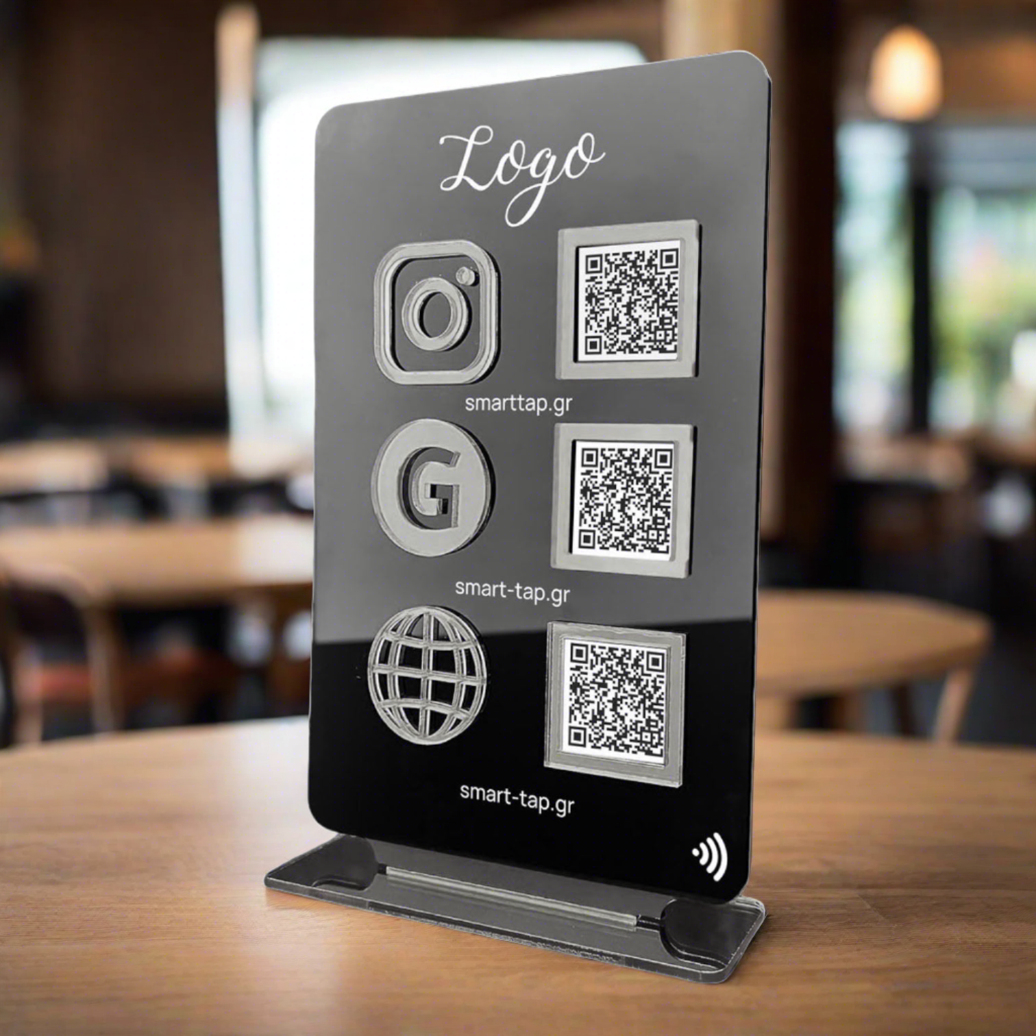 Smart-Tap, Google Review Table Talker 3-Links T-Shape Big με το λογότυπό σας. Μαύρο με ασημένια διακοσμητικά