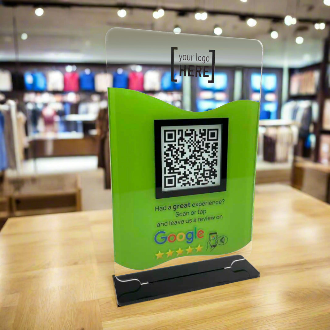 Smart-Tap, Google Review Table Talker με NFC/QR Code, T-Shape διάφανο με χρωματιστό αυτοκόλλητο και το λογότυπό σας.