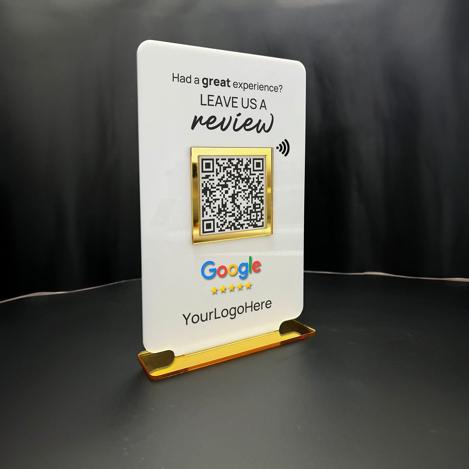 Smart-Tap, Google Review Table Talker T-Shape Big με το λογότυπό σας. Άσπρο με χρυσά διακοσμητικά