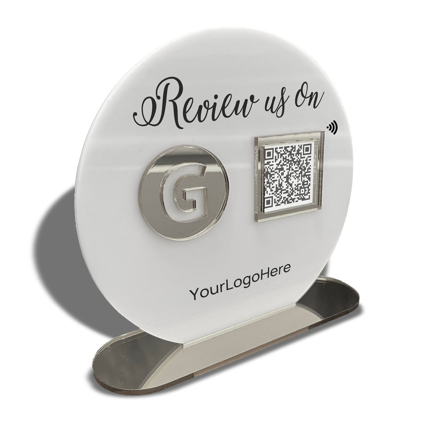 Smart-Tap, Google Review Table Talker με NFC/QR Code, O-Shape με το λογότυπό σας. Άσπρη πλάτη με ασημένια  διακοσμητικά