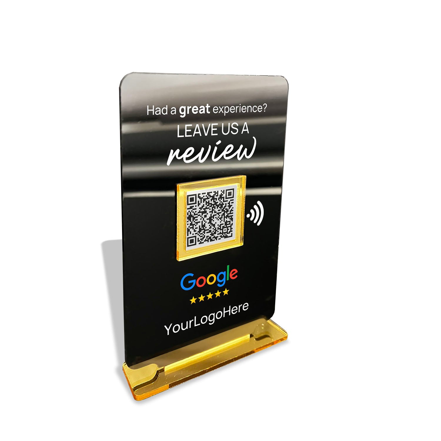 Smart-Tap, Google Review Table Talker T-Shape Small με το λογότυπό σας. Μαύρο με χρυσά διακοσμητικά