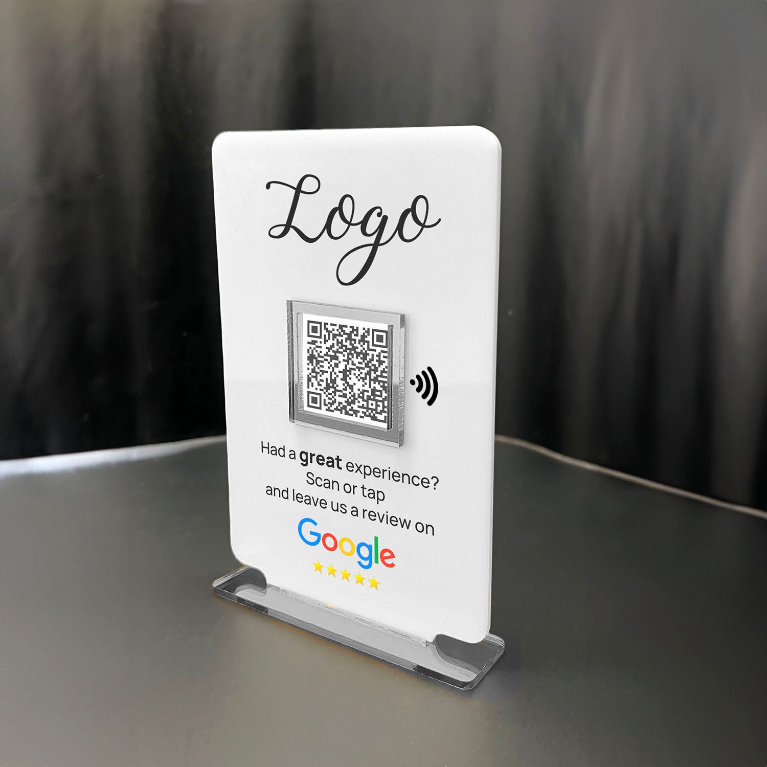 Smart-Tap, Google Review Table Talker T-Shape Small με το λογότυπό σας. Άσπρο με ασημένια διακοσμητικά