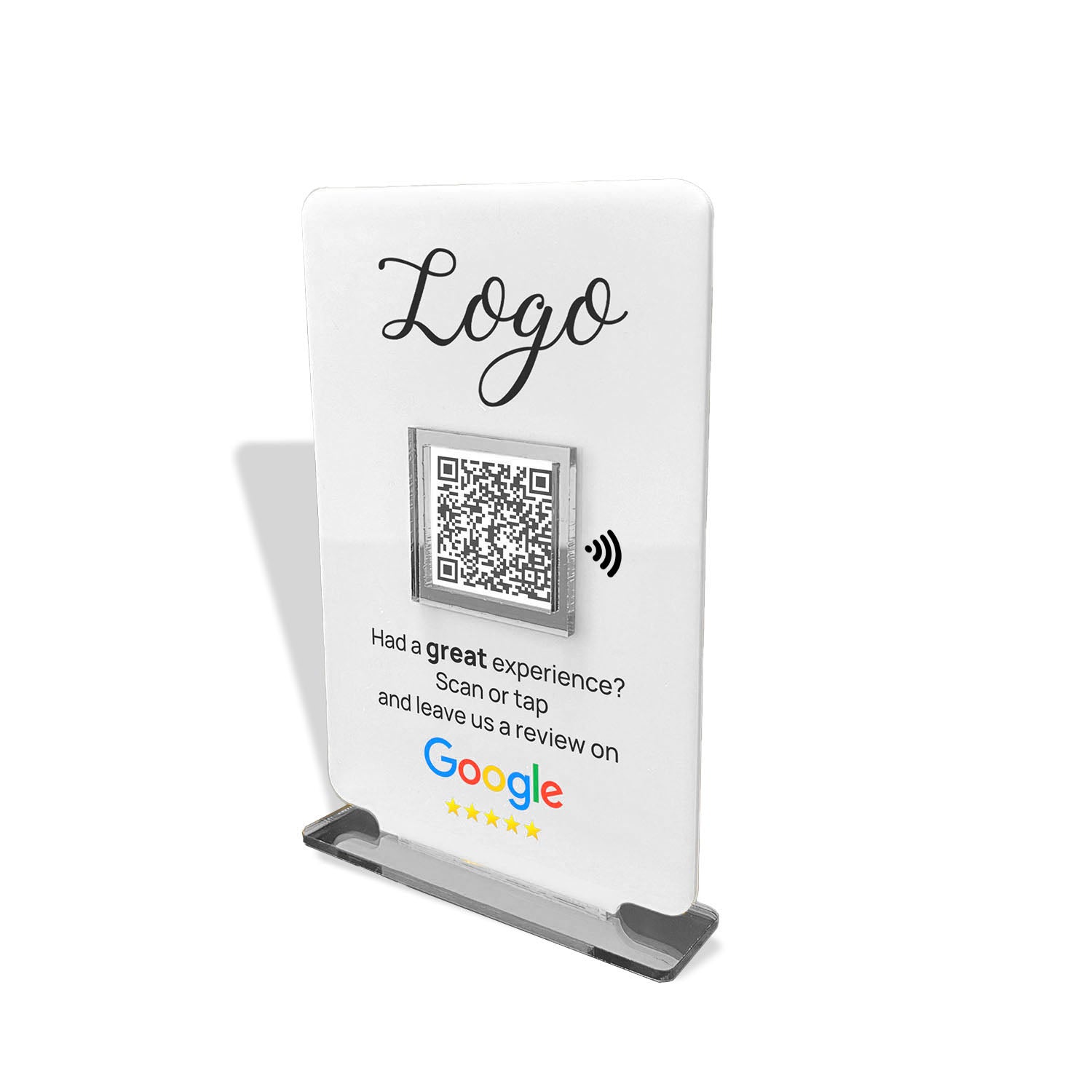 Smart-Tap, Google Review Table Talker T-Shape Small με το λογότυπό σας. Άσπρο με ασημένια διακοσμητικά
