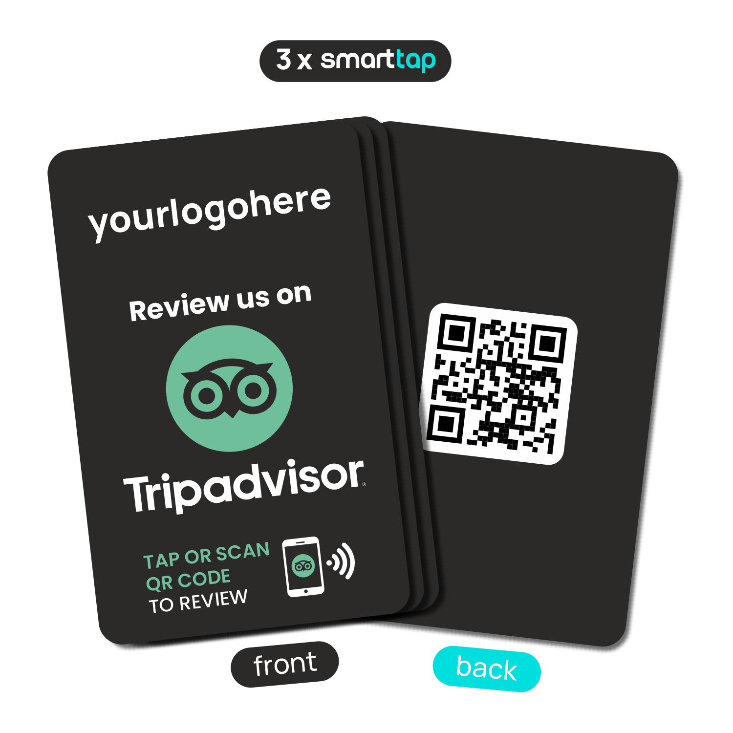 Smart-Tap, TripAdvisor Review PVC κάρτα με NFC/QR Code, μαύρη, με το λογότυπό σας. Σετ 3 τεμαχίων