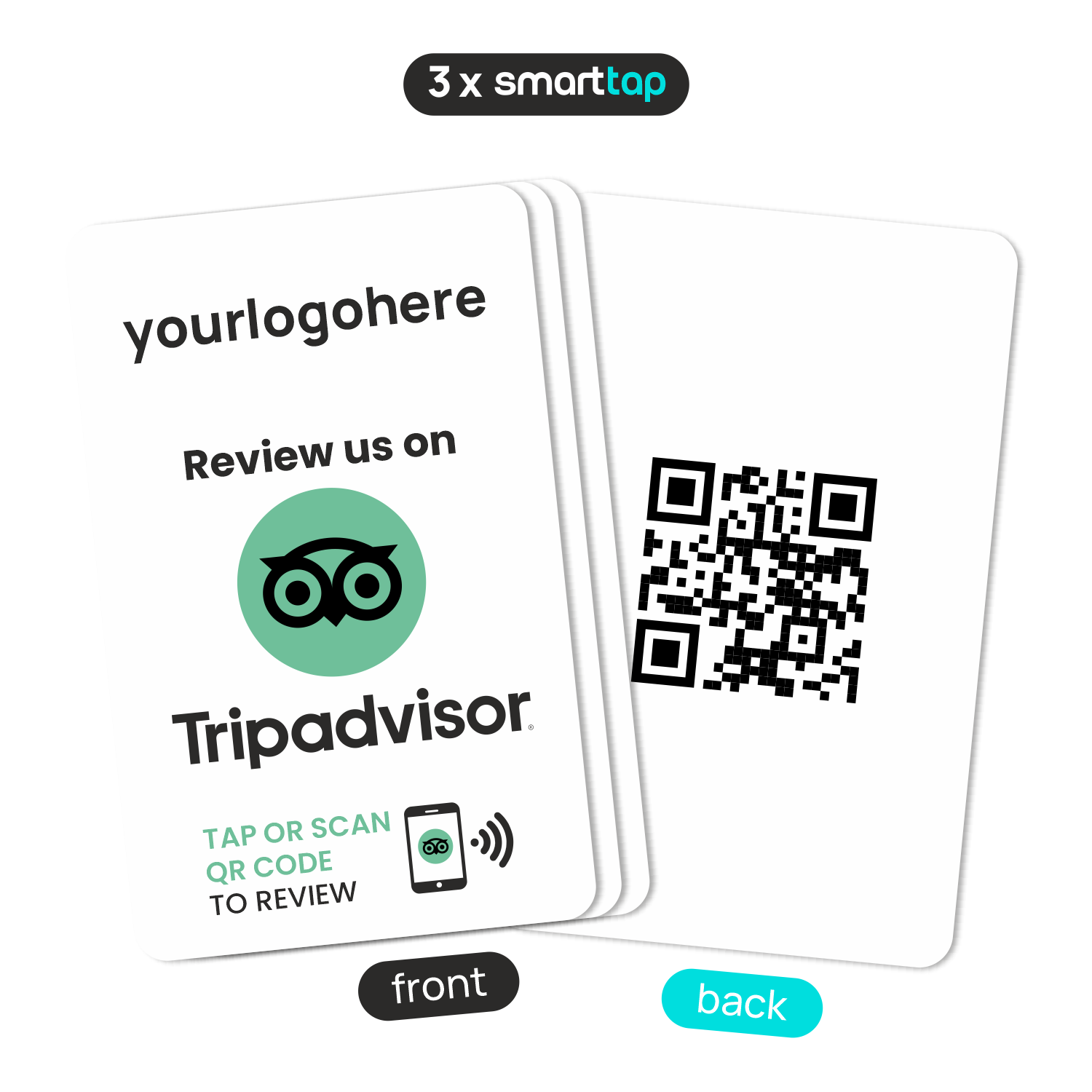 Smart-Tap, TripAdvisor Review PVC κάρτα με NFC/QR Code, λευκή, με το λογότυπό σας. Σετ 3 τεμαχίων