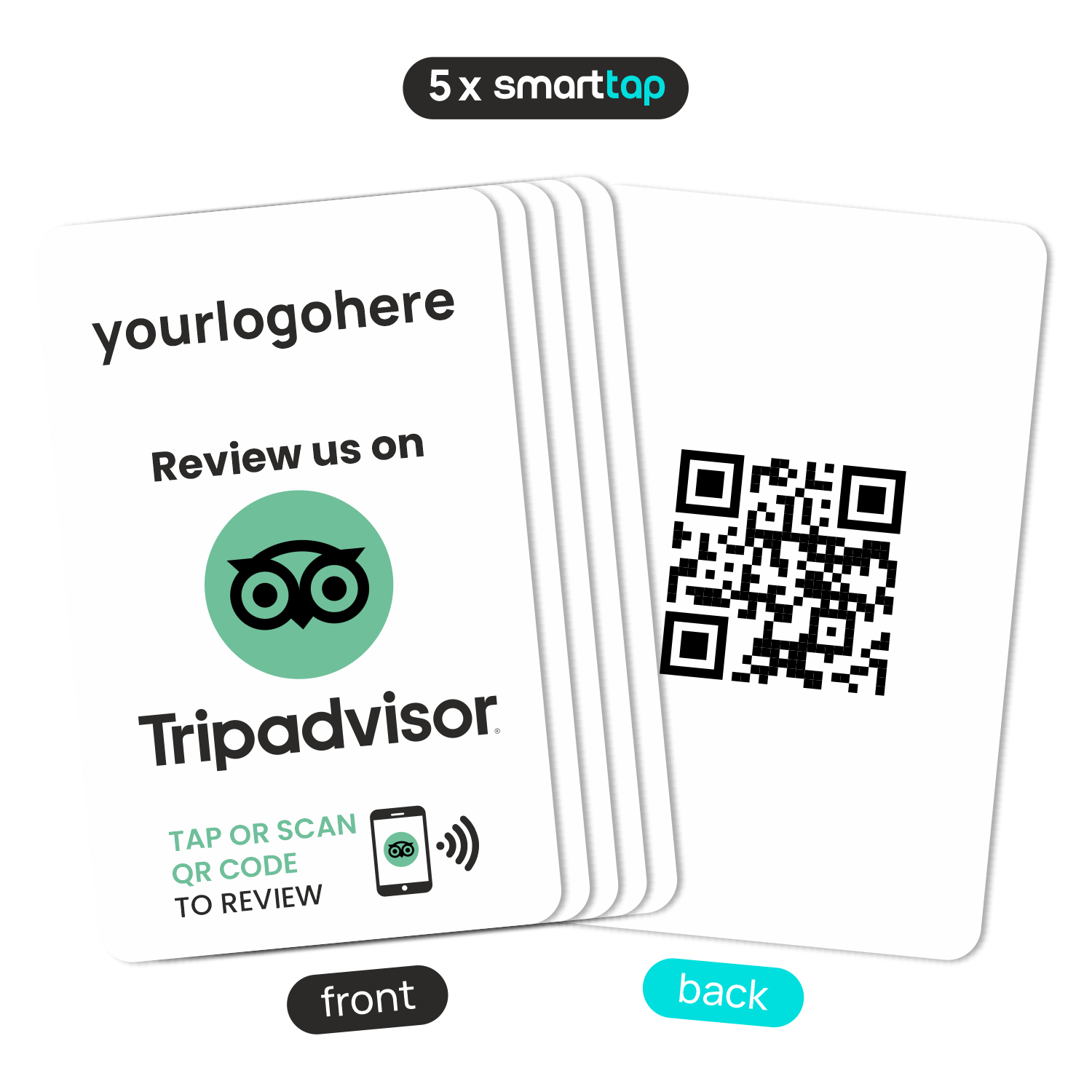 Smart-Tap, TripAdvisor Review PVC κάρτα με NFC/QR Code, λευκή, με το λογότυπό σας. Σετ 5 τεμαχίων