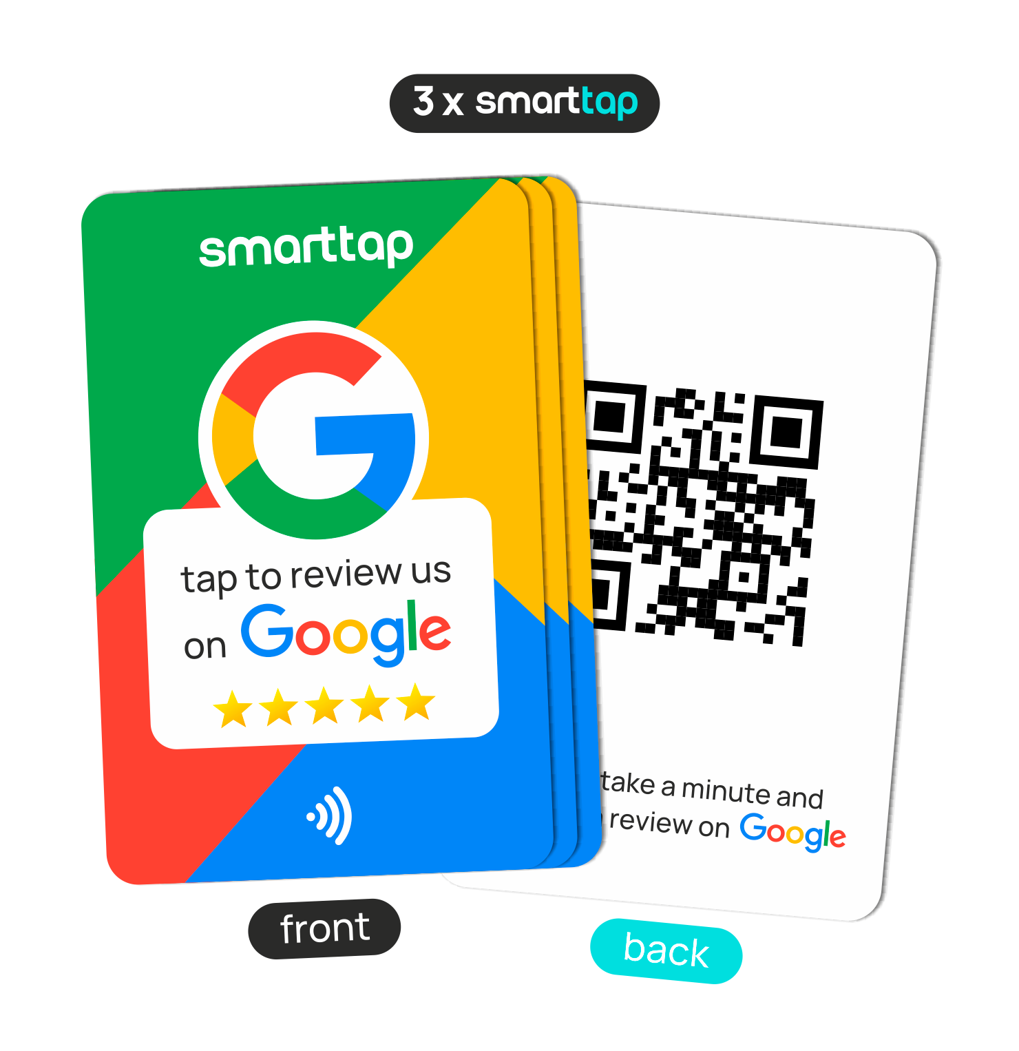 Smart-Tap, Google Review PVC κάρτα με NFC/QR Code, πολύχρωμη, χωρίς το λογότυπό σας. Σετ 3 τεμαχίων