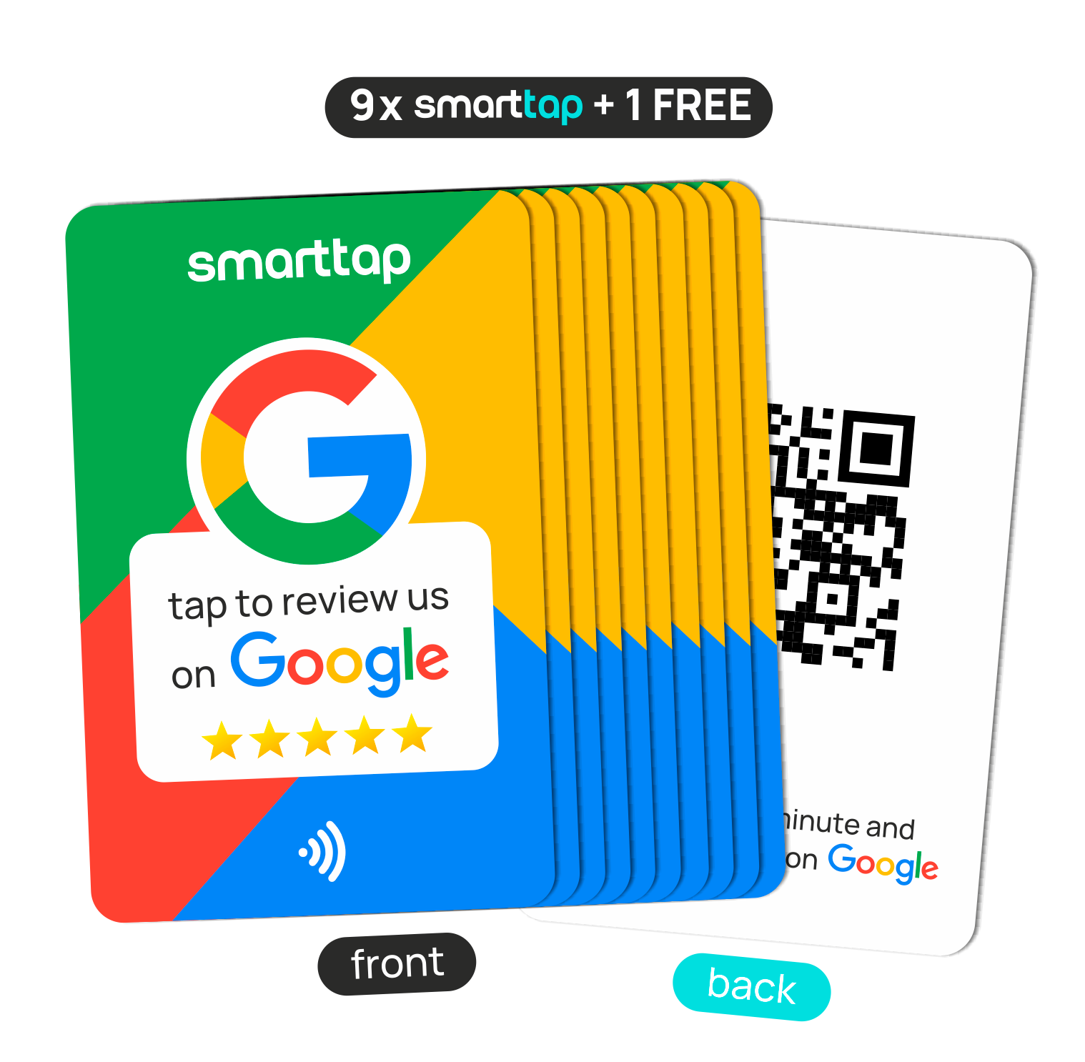 Smart-Tap, Google Review PVC κάρτα με NFC/QR Code, πολύχρωμη, χωρίς το λογότυπό σας. Σετ 9 τεμαχίων +1 δώρο