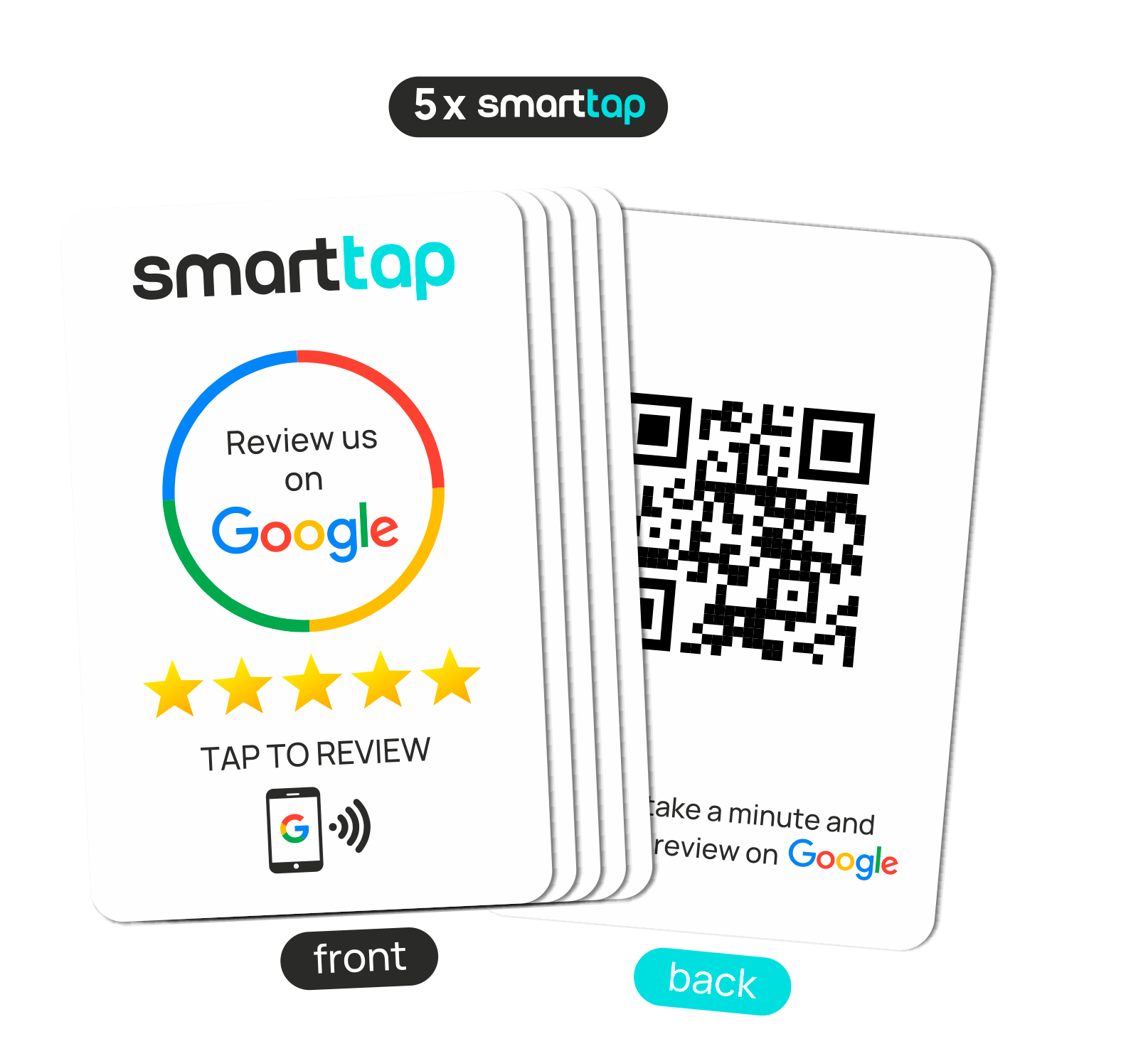 Smart-Tap, Google Review PVC κάρτα με NFC/QR Code, λευκή, χωρίς το λογότυπό σας. Σετ 5 τεμαχίων