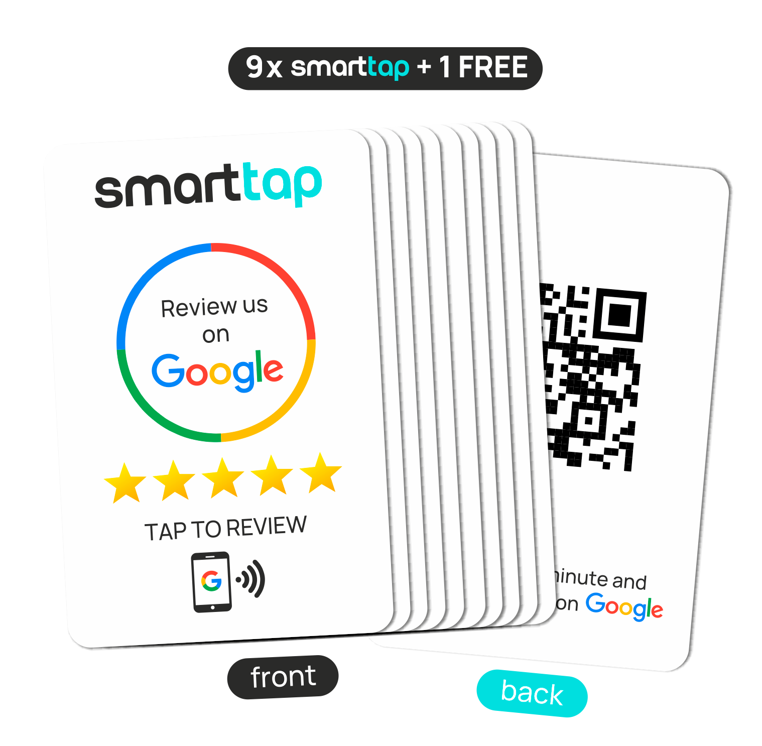 Smart-Tap, Google Review PVC κάρτα με NFC/QR Code, λευκή, χωρίς το λογότυπό σας. Σετ 9 τεμαχίων +1 δώρο