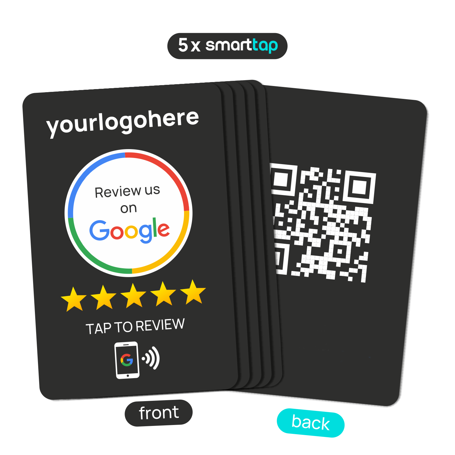 Smart-Tap, Google Review PVC κάρτα με NFC/QR Code, μαύρη, με το λογότυπό σας. Σετ 5 τεμαχίων
