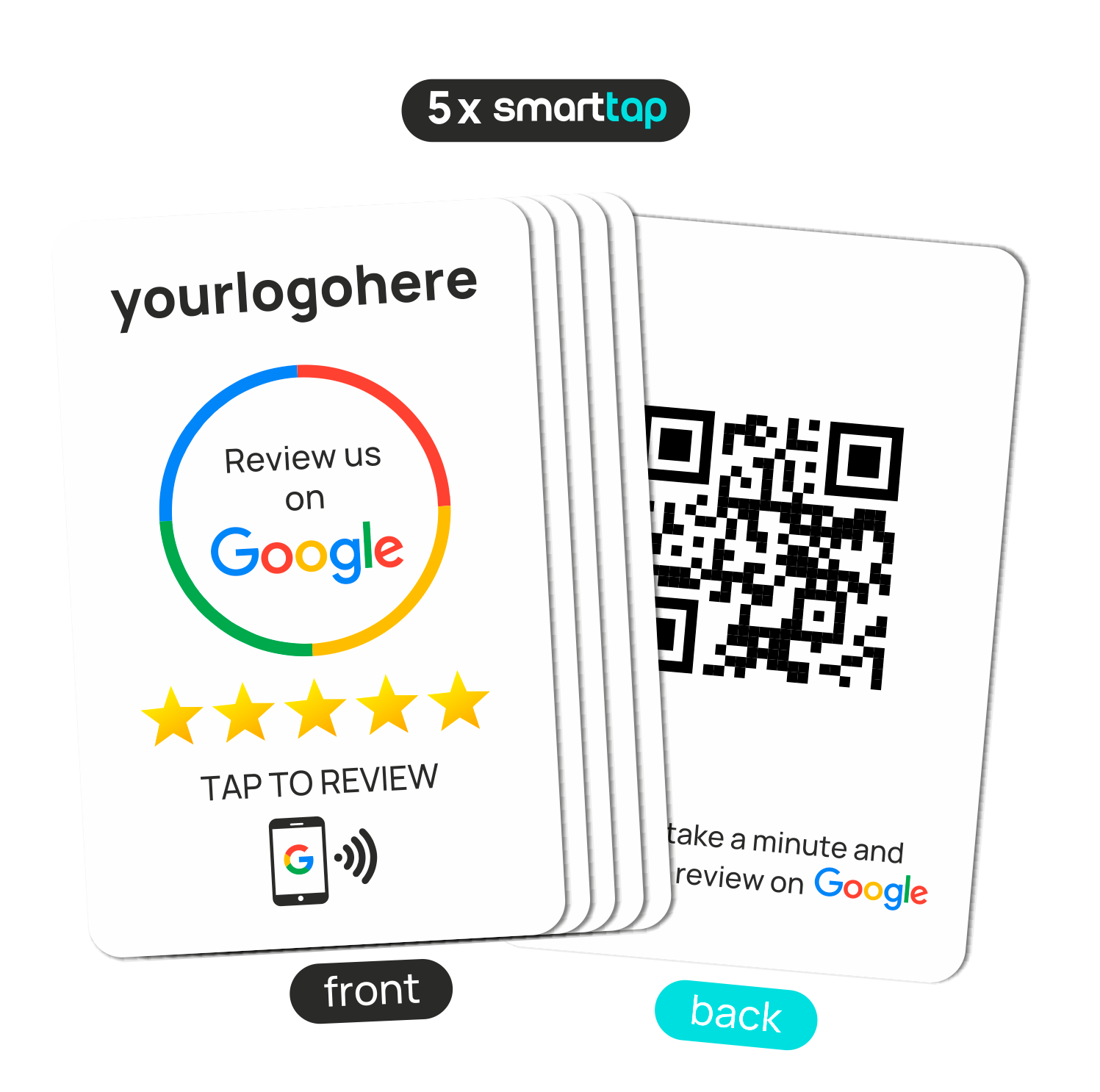 Smart-Tap, Google Review PVC κάρτα με NFC/QR Code, λευκή, με το λογότυπό σας. Σετ 5 τεμαχίων