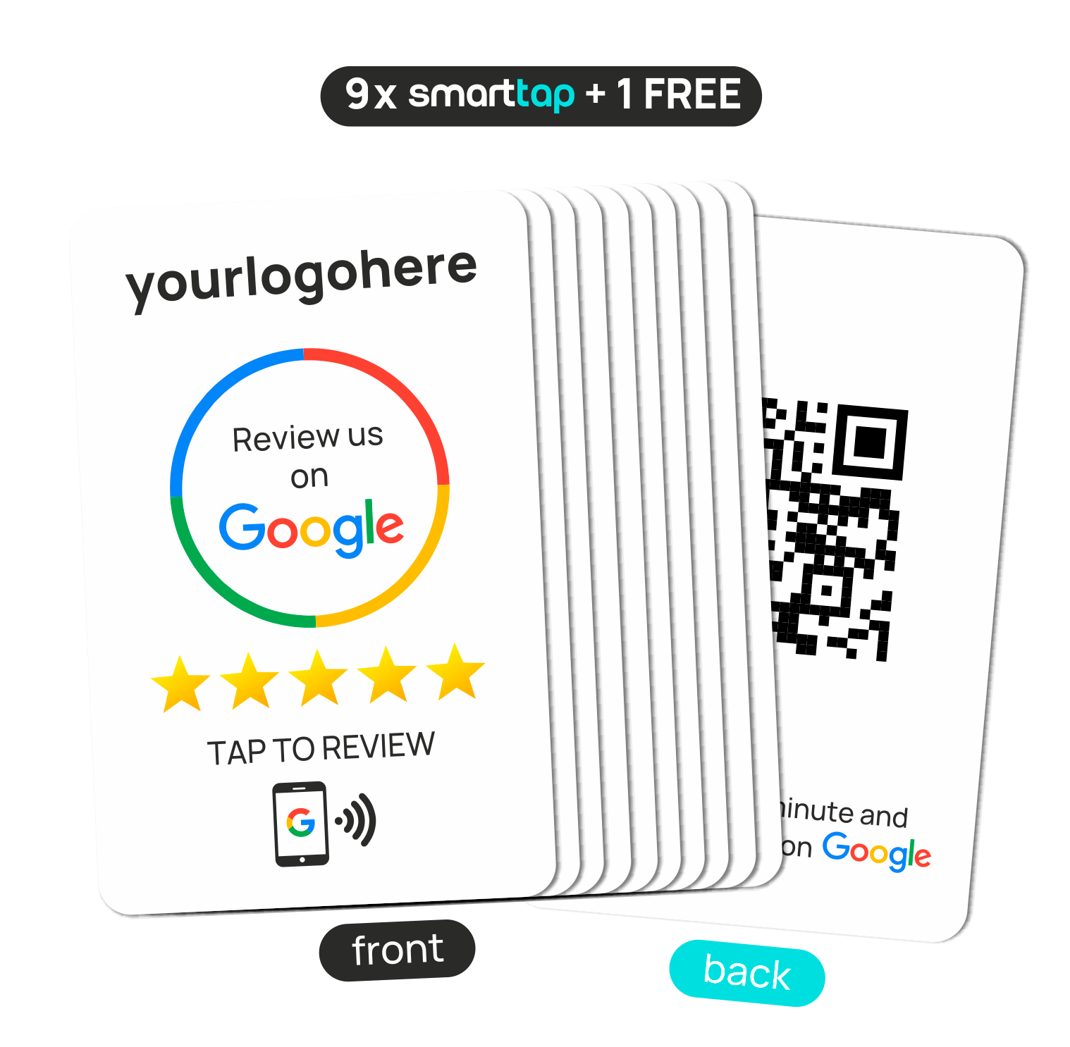 Smart-Tap, Google Review PVC κάρτα με NFC/QR Code, λευκή, με το λογότυπό σας. Σετ 9 τεμαχίων +1 δώρο